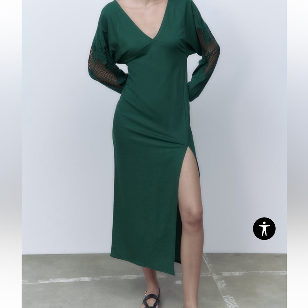 ZARA OPEN CROCHET LACE LONG SLEEVE VAMP MAXI DRESS FOREST GREEN MEDIUM NWT - Picture 5 of 16